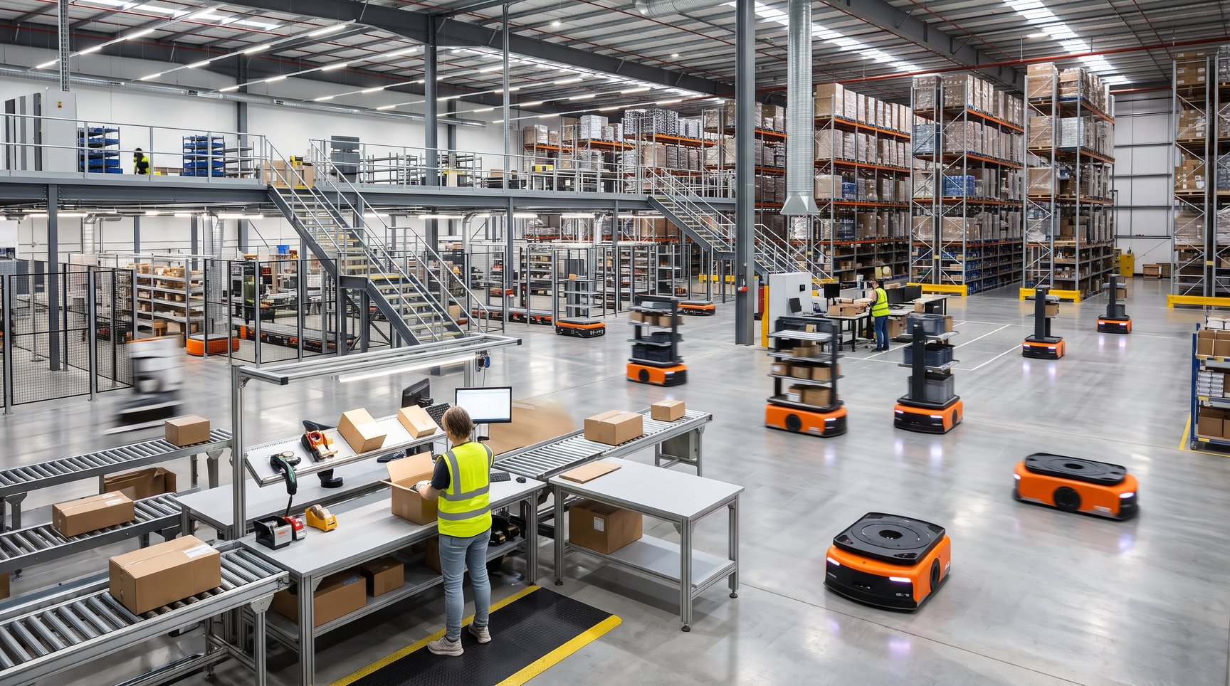 Innenansicht E-Commerce Fulfillment-Center in NRW: Kommissionierung und Fördertechnik auf Mezzanine-Ebene für schnelle Click and Delivery Abwicklung.